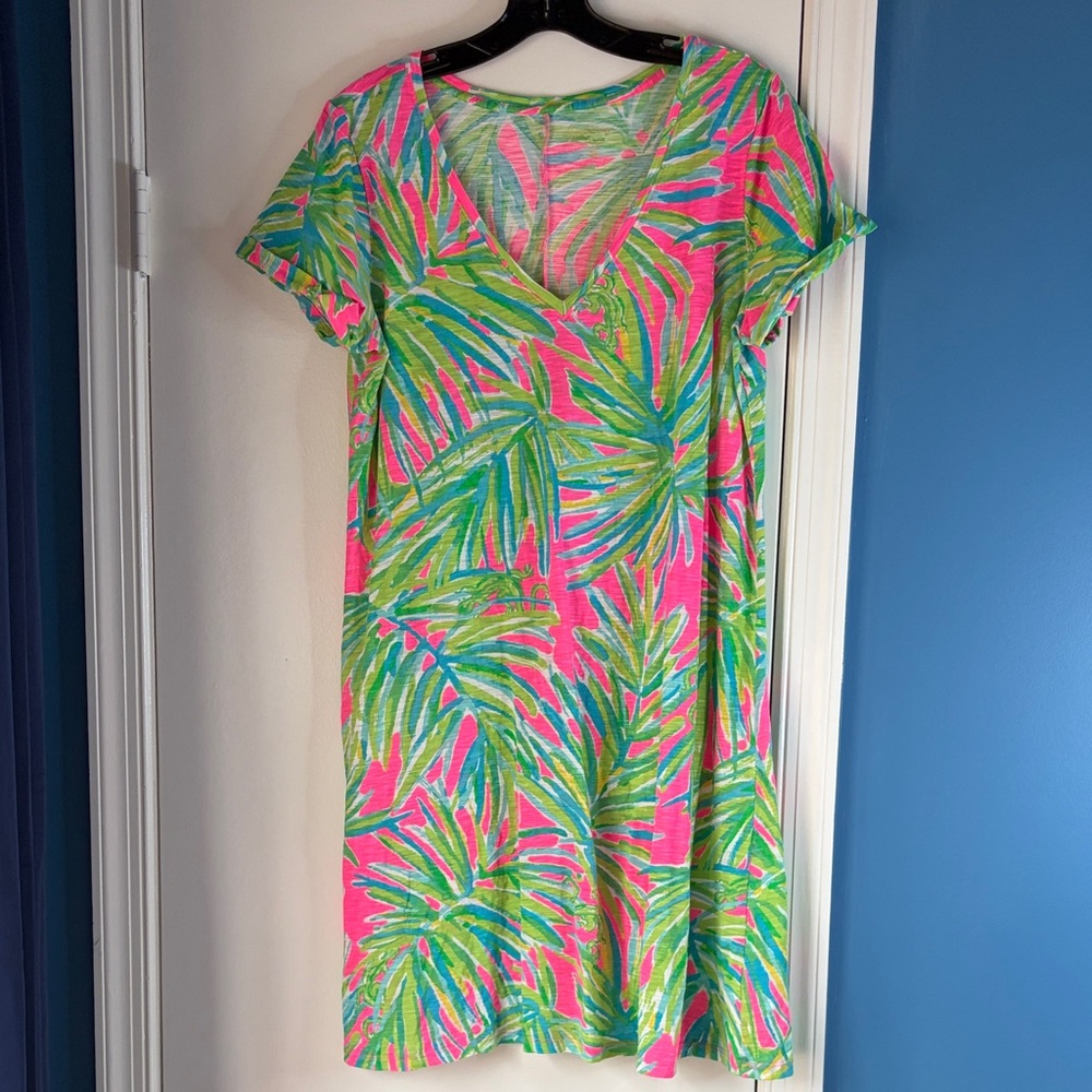 Lilly Pulitzer Pink and Green Palm-Print V-Neck Dress